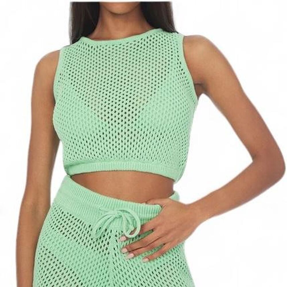 Weworewhat Green Cotton Crochet Open Knit Crop Tank Top Festival Beach Large